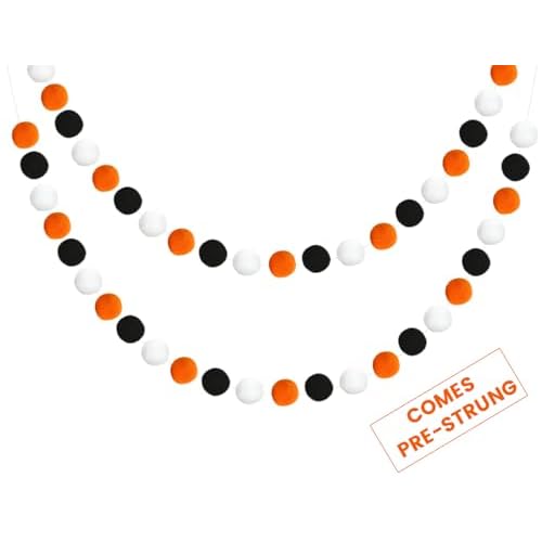 jijAcraft Felt Ball Garland 2Pcs Colorful Pom Pom Garland, Handmade 8 Feet Long 30 Balls Felt Ball Garlands for Halloween Thanksgiving Xmas Christmas Tree Decoration (Orange Black and White)