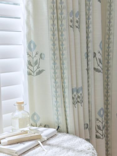 DrapePalette Antique White Floral Linen Curtains 30x96 Inch, Pack of 2 - Elegant Pinch Pleated Drapes for Living & Bedroom