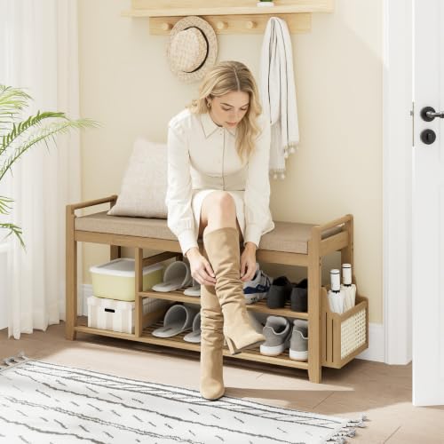Homaxy 2-Tier Shoe Rack Bench 39.4 in Walnut & Light Brown Entryway Organizer