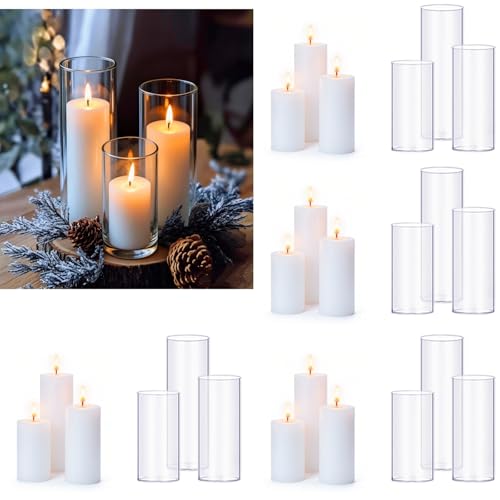 12-Set White Pillar Candles & Glass Candle Holders Set for Weddings & Events