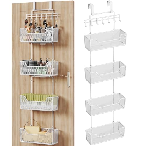 White Over Door Organizer with 4 Metal Baskets & Adjustable Hooks - HapiRm