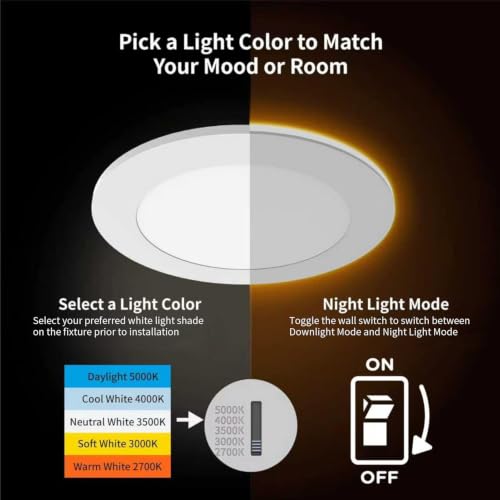 Meconard 4-Inch LED Recessed Light with Night Light - 5CCT Switchable, White, 12 Pack