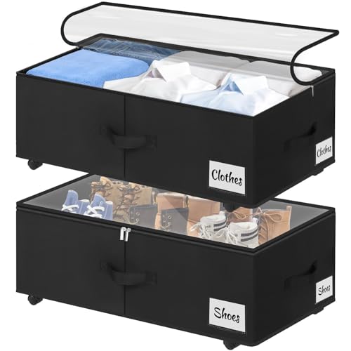 Black Under Bed Storage Bins 2-Pack with Clear Lid & Label - 10 Inch Tall XXL 75L