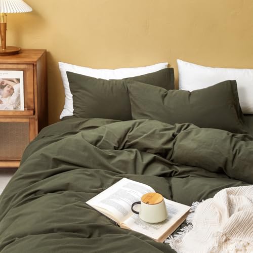 King Size Washed Cotton Linen Feel Duvet Cover Set - Olive Green, 104x90 Inches