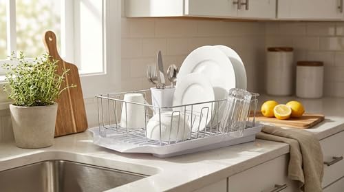 Farberware Classic Large Rust-Resistant Dish Rack Set with Removable Flatware Caddy - White / Dish Rack Set