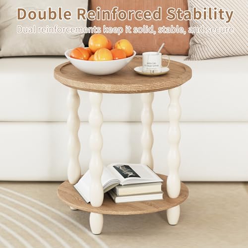 Karlott 18.5-Inch Round 2-Tier Farmhouse Side Table - Beige, Vintage Finish