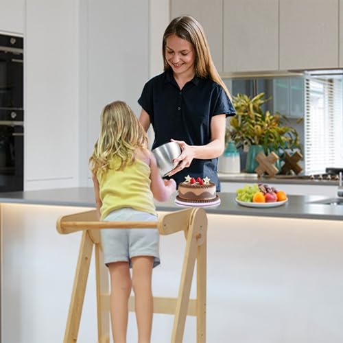Foldable Toddler Kitchen Step Stool with 3 Adjustable Heights - Natural Wood