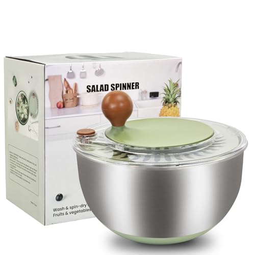 Stainless Steel Salad Spinner 5.3 Qt with Stop Button & Drain Hole, Non-Slip Base, Dishwasher Safe