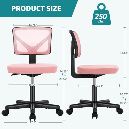 Pink Armless Home Office Chair - Ergonomic Small Desk Chair for Study & Work