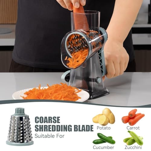KEOUKE Rotary Cheese Grater 6-in-1 Hand Crank Shredder & Slicer - Grey Blue SP