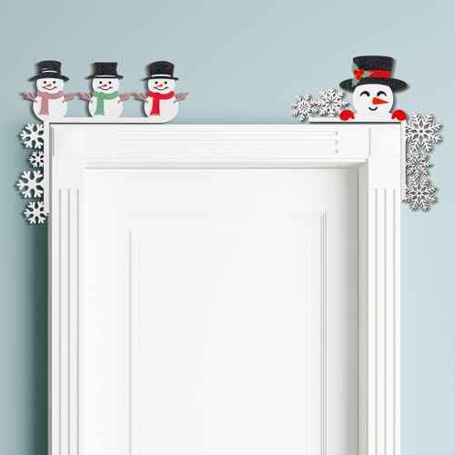 2 Pcs Christmas Door Topper Funny Snowman Snowflake Door Frame Corner Sign Decor Home Wooden Christmas Cabinet Knob Covers Party Ornament Props Gift for Wall Window DIY