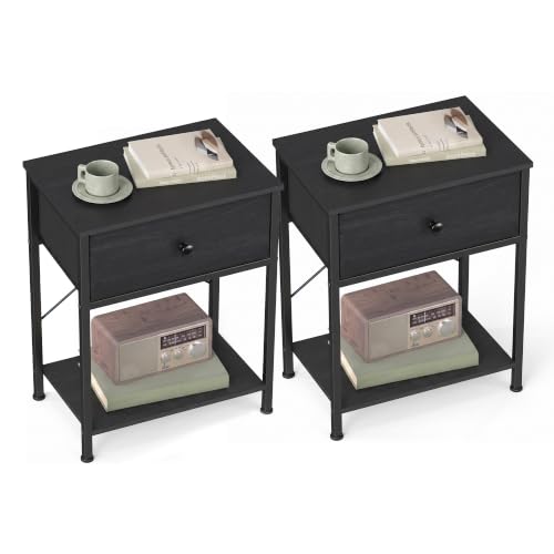 SONGMICS Black Nightstand with Fabric Drawer - Small Narrow End Table Set of 2