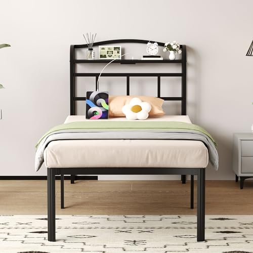 Twin Metal Bed Frame with Headboard & Charging Station - 18 Inch Heavy Duty Platform Bed