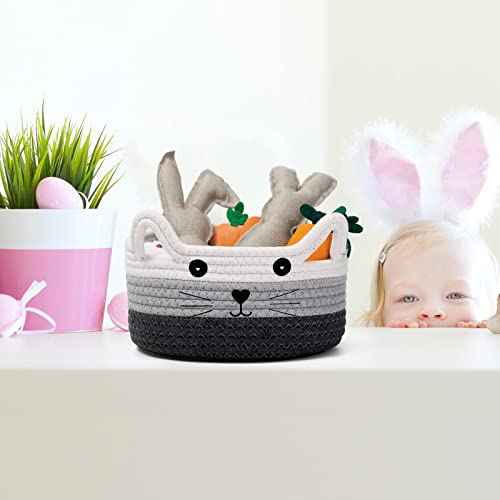 Zopeal Cat Basket Storage Woven Organizer with Ears Christmas Decorative Pet Toy Cute Cotton Rope Basket for Gift Cat Dog Toy Bin Nursery Room(8.3 x 4.7 Inch,White, Light Gray and Gray)