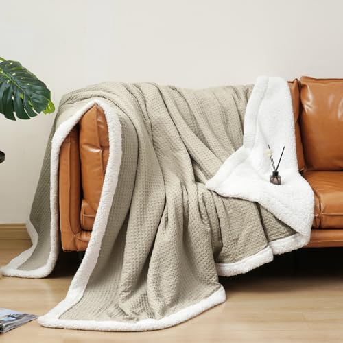 PHF Waffle Sherpa Blanket Queen Size, 90x90 Inches Luxury Plush Flannel Fleece Blanket for Winter, No Shed No Pilling, Cozy Soft & Reversible Waffle Weave Bedding for Home Decor, Khaki