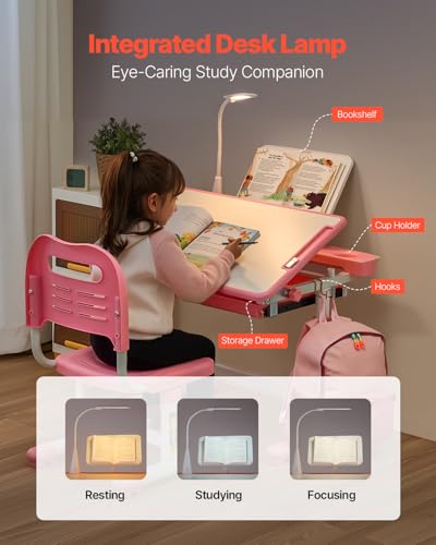 Kids Study Desk and Chair Set with Tilting Desktop, Table Lamp & Adjustable Height - Pink