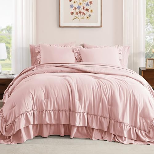 King Size Pink Ruffle Comforter Set - Farmhouse Bed in a Bag, 7 Pieces - Soft & Cozy, Elegant Bedding with Pillowcases - Variation: Soft Pink / King