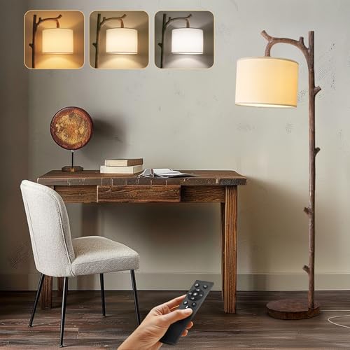 OYEARS Tree Wood-Grain Farmhouse Floor Lamp with Remote - Rustic Standing Lamp for Living Room