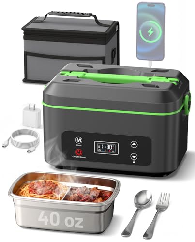 TaskStar Green Heated Lunch Box 100W Cordless Food Warmer with Scheduled Heating & Leakproof 1.2L