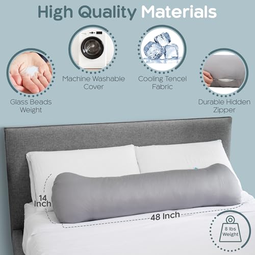 Cooling Grey 48x14 Inch Weighted Body Pillow - 8lb XL Support Pillow with Tencel Cover