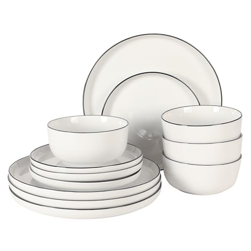 Porcelain Dinnerware Set for 4 - White with Black Rim, 12 Pieces