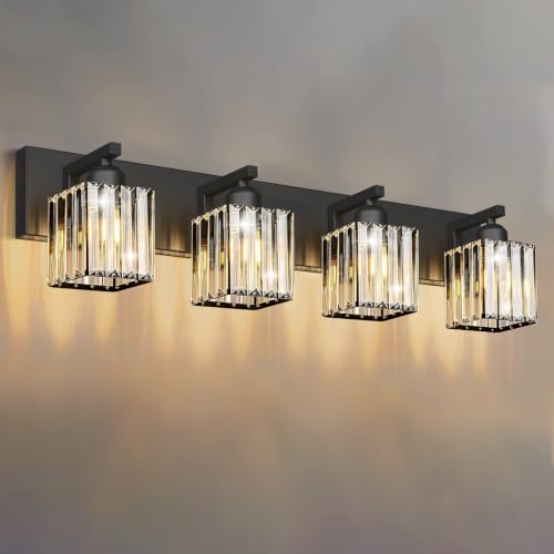 Black Crystal Bathroom Vanity Light - 4-Light Modern Wall Sconce with Square Shade - Matte Black Fixture