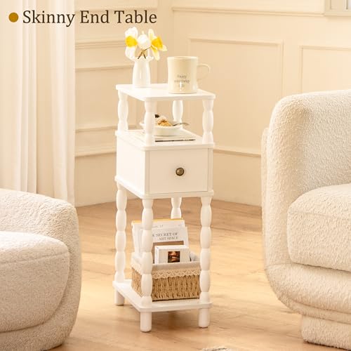 White Narrow End Table with Drawer - Small Side Table for Living Room & Bedroom