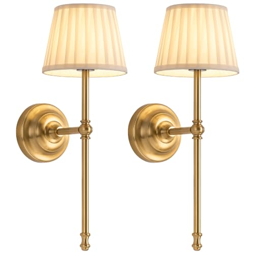 KDG Gold Cordless Wall Sconces Set of 2 with Beige Fabric Shades, Dimmable LED Wall Lamps