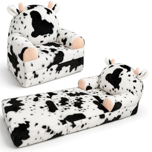QIUODO Cow Toddler Couch Chair 2-in-1 Foldable Kids Sofa for Bedroom Playroom