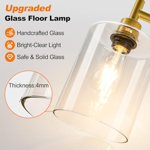Dimmable Gold Floor Lamp with Clear Glass Shade - Modern Arc Standing Lamp for Living Room, Bedroom, Office - 900LM LED Bulb Included - Variation: Clear Glass-Gold