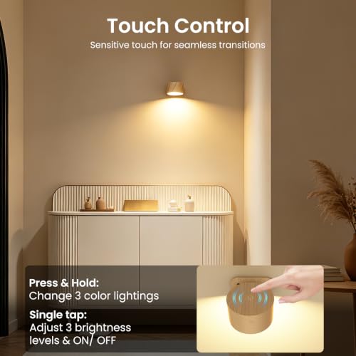 Wood-B 2-Pack Rechargeable LED Wall Lamps with 360° Rotation & Magnetic Mount - Cordless Bedside & Reading Lights