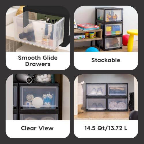 14 Qt Stackable Plastic Drawer Organizer - Black, 3 Pack