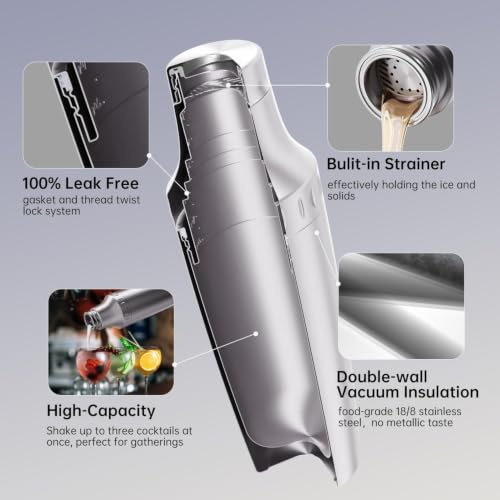 Magcheer Silver Hybrid Cocktail Shaker Set - Vacuum Insulated 30oz with Strainer & Jigger - Travel Bartender Kit