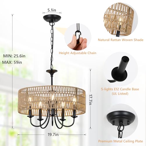 Black Farmhouse Chandelier Light Fixture - 5-Lights Rattan Pendant for Dining Room & Living Room