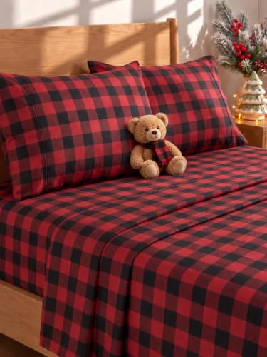 CGK Christmas Sheet Set - Holiday Xmas Bedding Buffalo Plaid, Queen