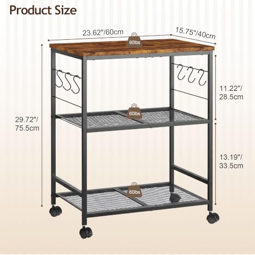 3-Tier Rolling Kitchen Cart with Storage and Lockable Wheels - Rustic Brown
