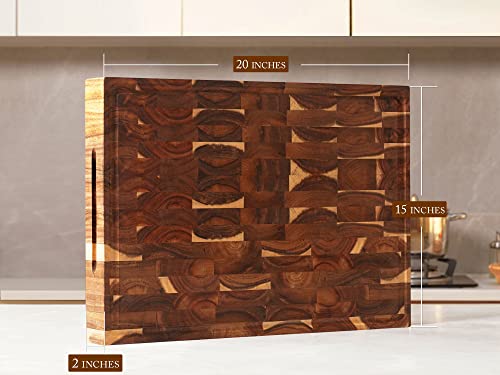 Acacia End Grain Wood Cutting Board 20x15x2 Inch - Butcher Block with Handles