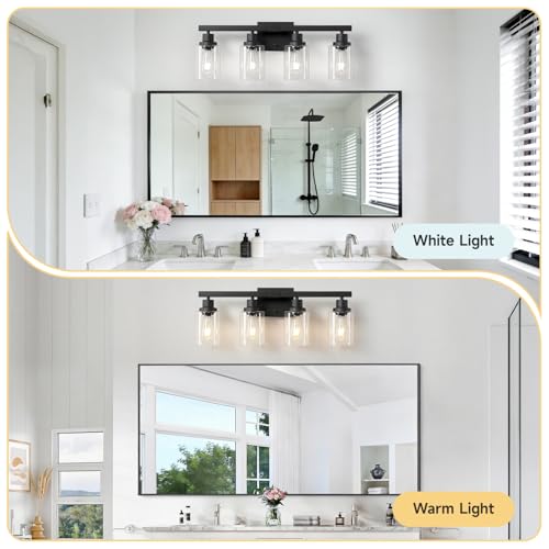 DIKAIDA Black 4-Light Bathroom Vanity Light Modern Matte Black Wall Sconce with Clear Glass Shades