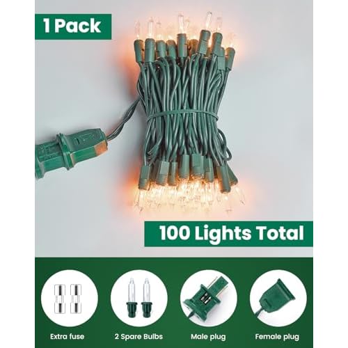 Clear Christmas String Lights 100 Count 25 Feet Incandescent Bulb Mini Lights for Indoor Xmas Tree Garland Birthday Wedding Party Festival Decoration, Green Wire