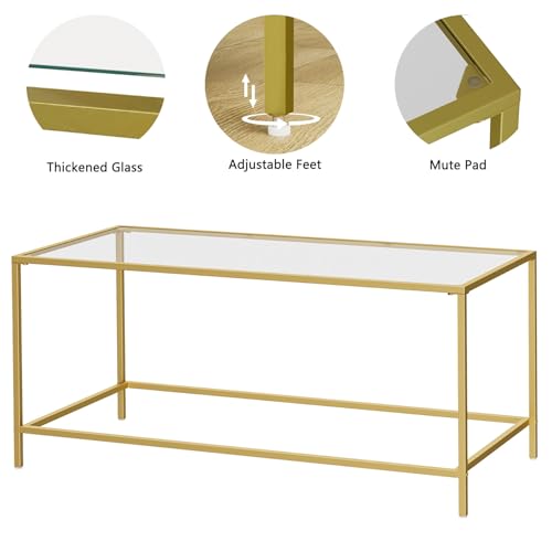 Homleke Gold Glass Coffee Table - Modern Rectangular Living Room Accent, 39.4 x 19.7 x 17.7 Inches