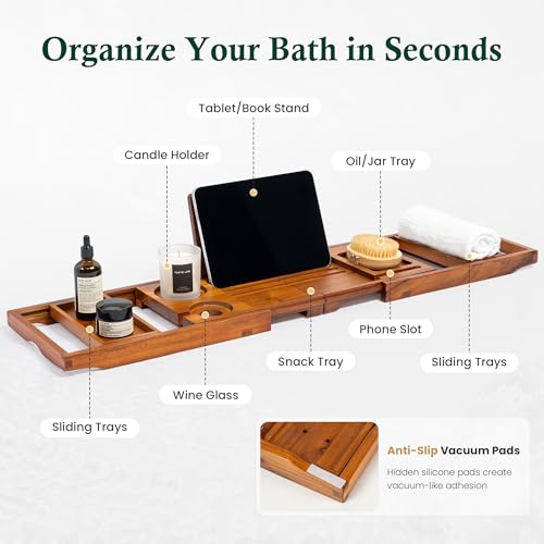 Adjustable Teak Bathtub Caddy Tray with Removable Side Trays - Classic Teak Finish