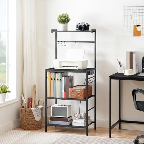 22.4 Inch Black Bakers Rack with Power Outlet, Kitchen Storage Shelf with Hooks