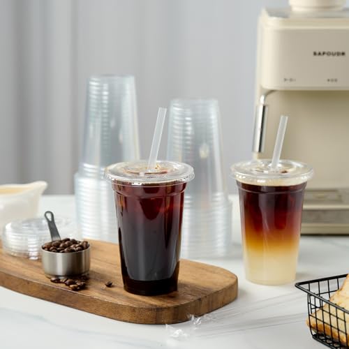Turbo Bee 24 oz Clear Plastic Cups with Lids & Straws - 200 Disposable To Go Drinkware