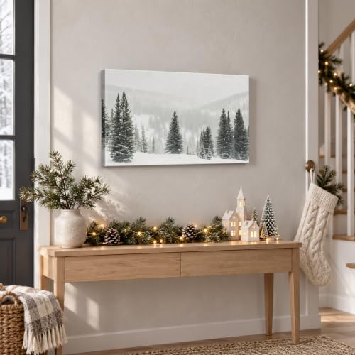BYXOLARA Winter Scene Wall Art 24x36 Framed Canvas Print - Snow Forest Landscape, Pine Trees