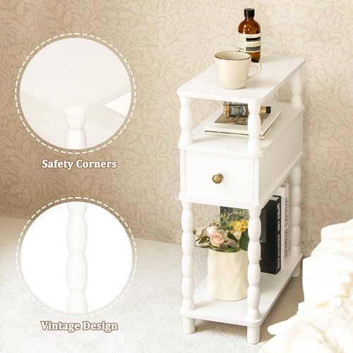 White Narrow End Table with Drawer - Small Side Table for Living Room & Bedroom
