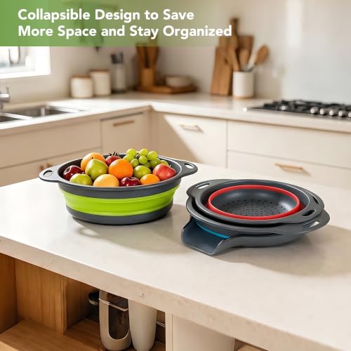 Multicolor Collapsible Kitchen Colander Set with Self-Draining Base – 3QT, 4QT, 5QT