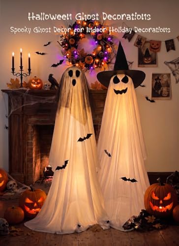 Minetom 2 Pack 5 FT Halloween Ghost Decorations with Lights & Veil-Witch Hat Variation