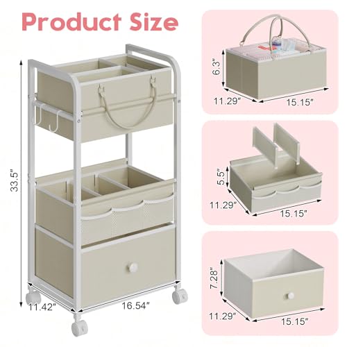 White 17x11.4 Inch 3-Tier Baby Diaper Caddy Organizer with Removable Dividers
