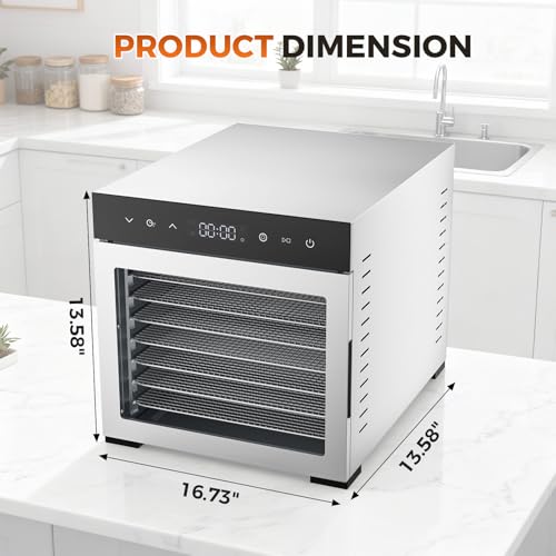 Food Dehydrator Machine 500W with 8 Stainless Steel Trays, 185°F Temp & 24H Timer - Bright Silver / 16.7x13.5x13.5 in