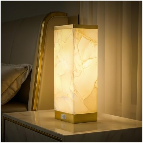 Off-White Alabaster Table Lamp for Living Room - 3-Way Dimmable & USB Ports